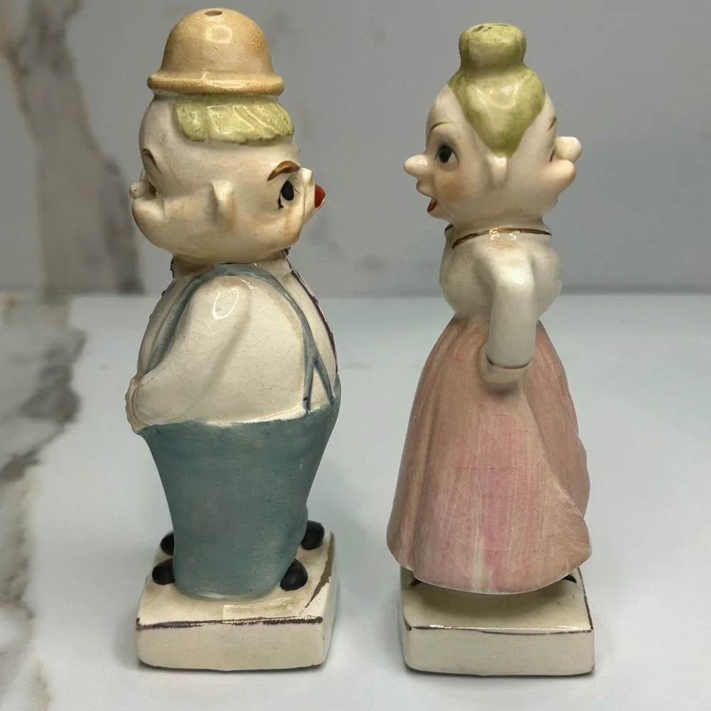 Vintage 2 Sided Happy Grumpy Face Salt Pepper Shakers Japan Ceramic Mid Century